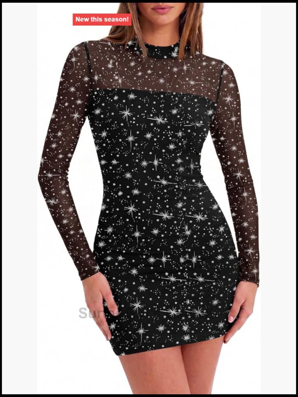 Sheer Mesh Long Sleeve Bodycon Dress Ruched Mock Neck Mini